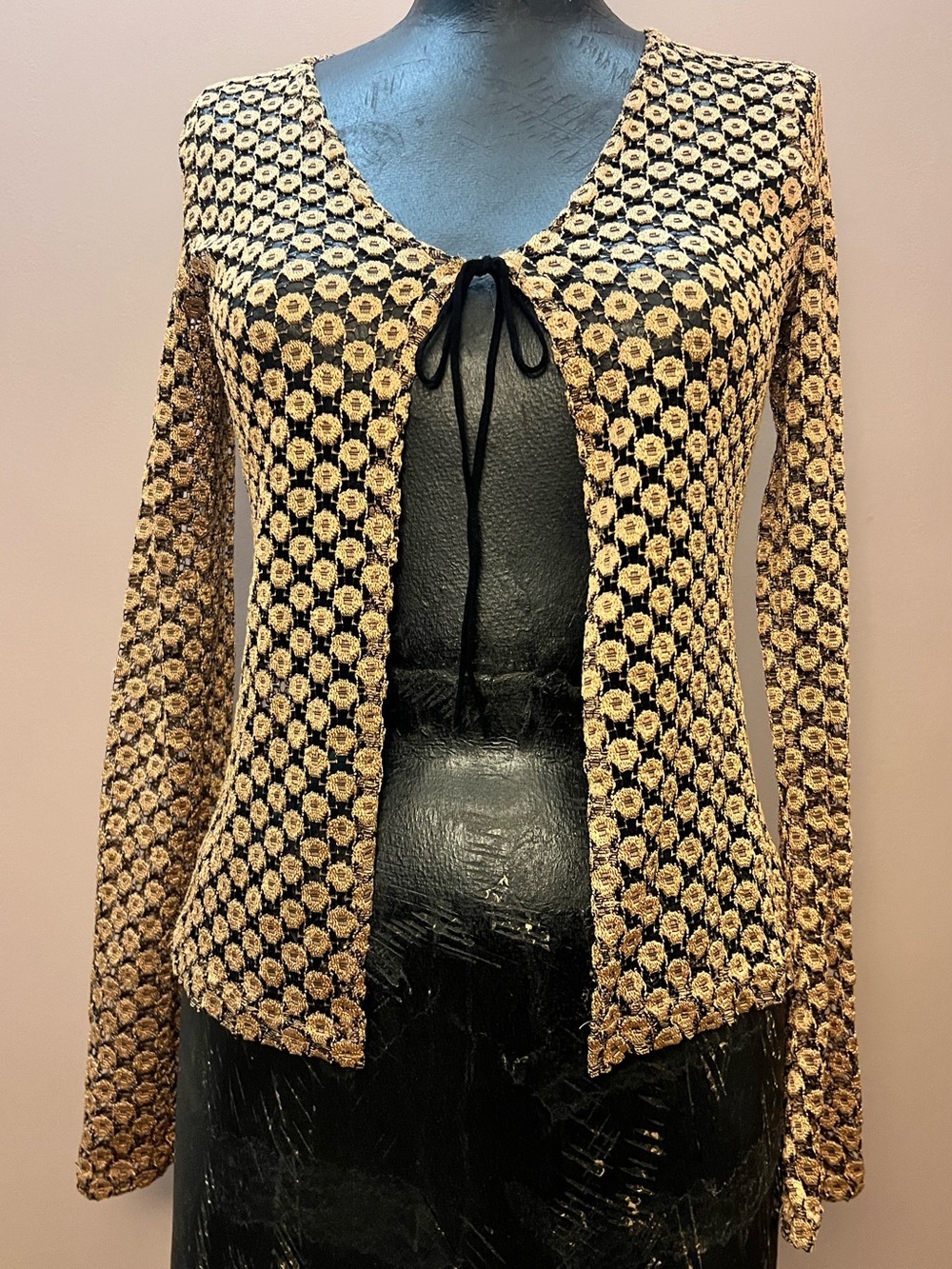 90’s Rave Gold Floral Sunflower Lace Cutout Shrug Cardigan S/M